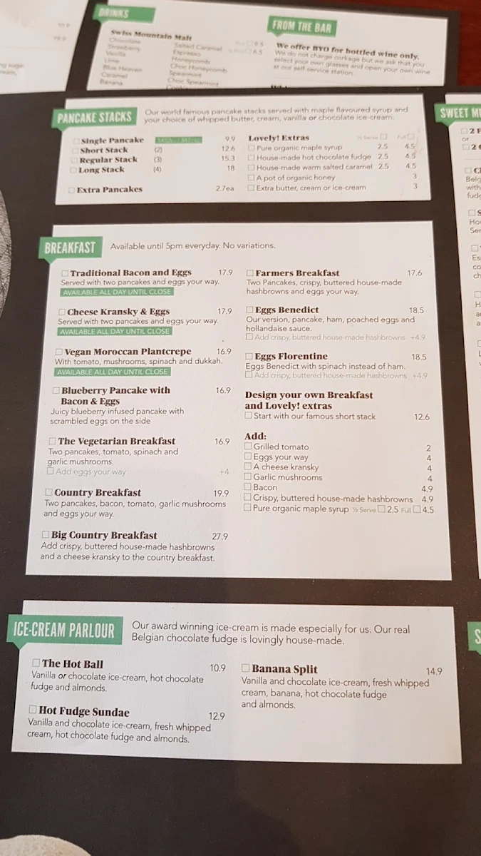 Menu, The Pancake Parlour Plenty Valley