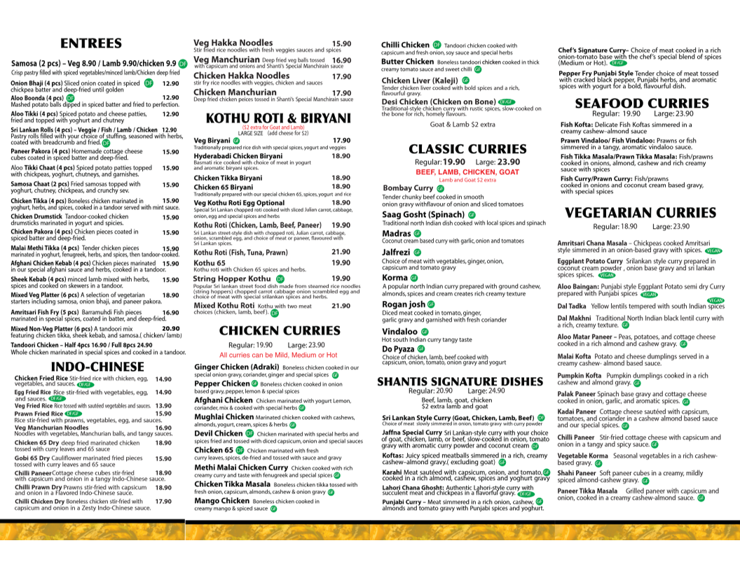 Menu, Shanti Indo-Lankan Restaurant