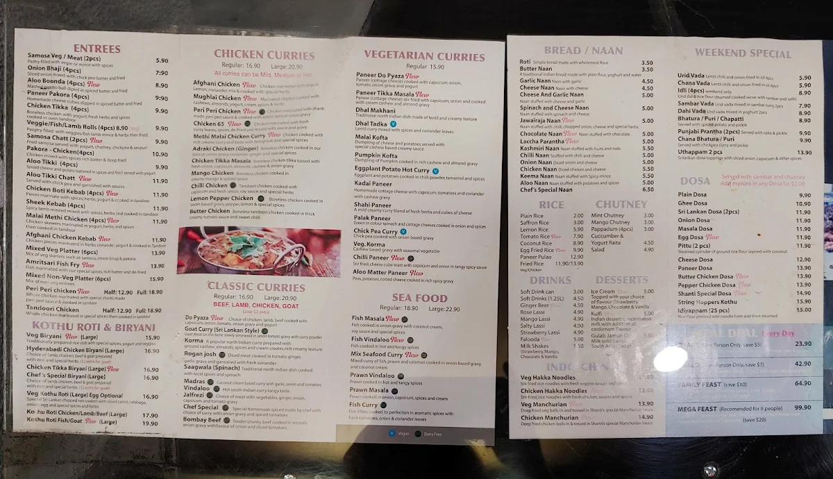 Menu, Shanti Indo-Lankan Restaurant