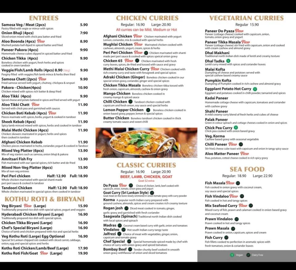 Menu, Shanti Indo-Lankan Restaurant