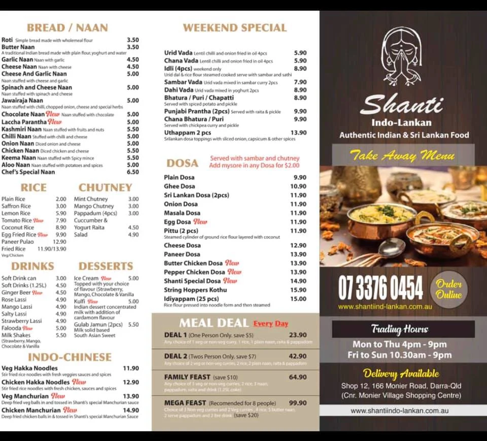Menu, Shanti Indo-Lankan Restaurant
