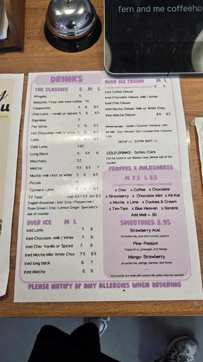 Menu, Fern and Me coffeehouse (Bean Junkie)