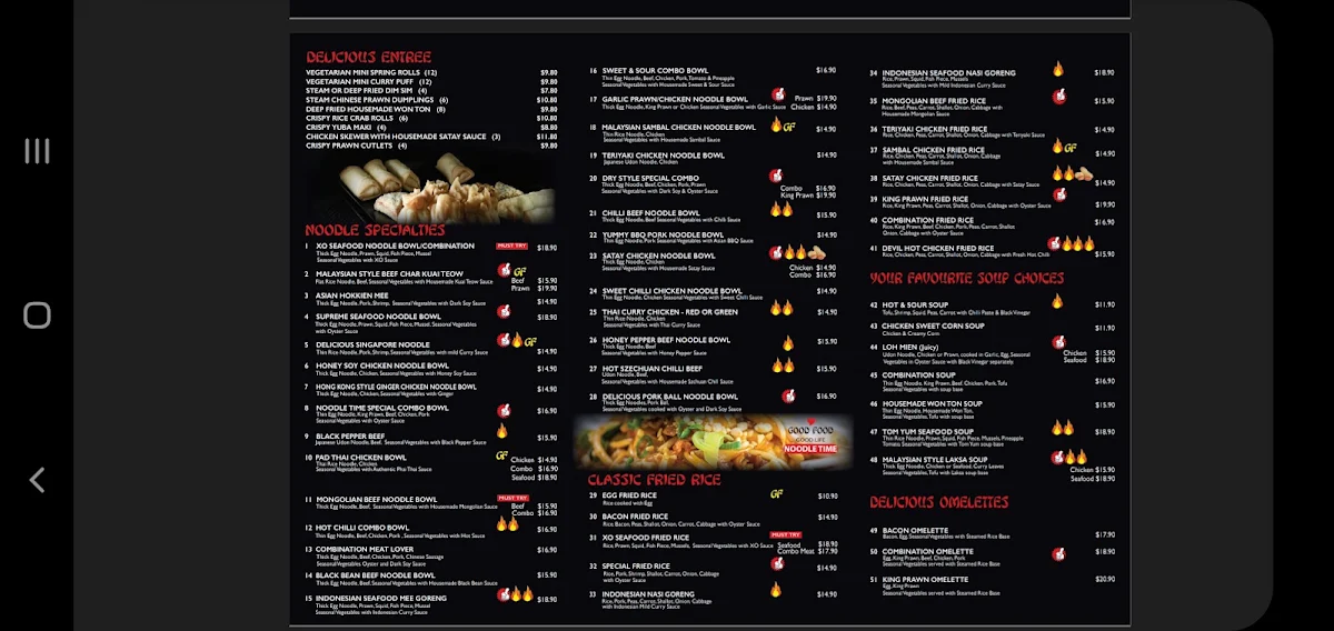 Menu, Noodle Time Moree