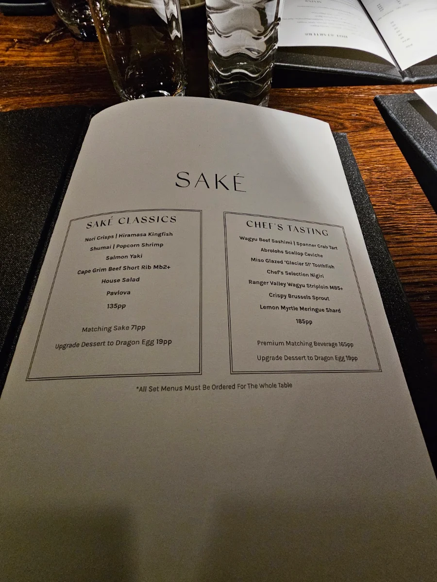 Menu, Saké Restaurant & Bar, The Rocks