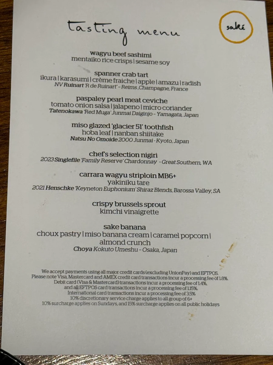 Menu, Saké Restaurant & Bar, The Rocks
