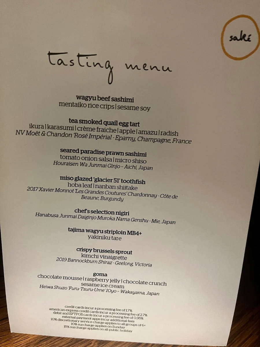 Menu, Saké Restaurant & Bar, The Rocks