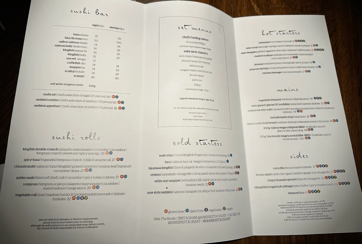 Menu, Saké Restaurant & Bar, The Rocks