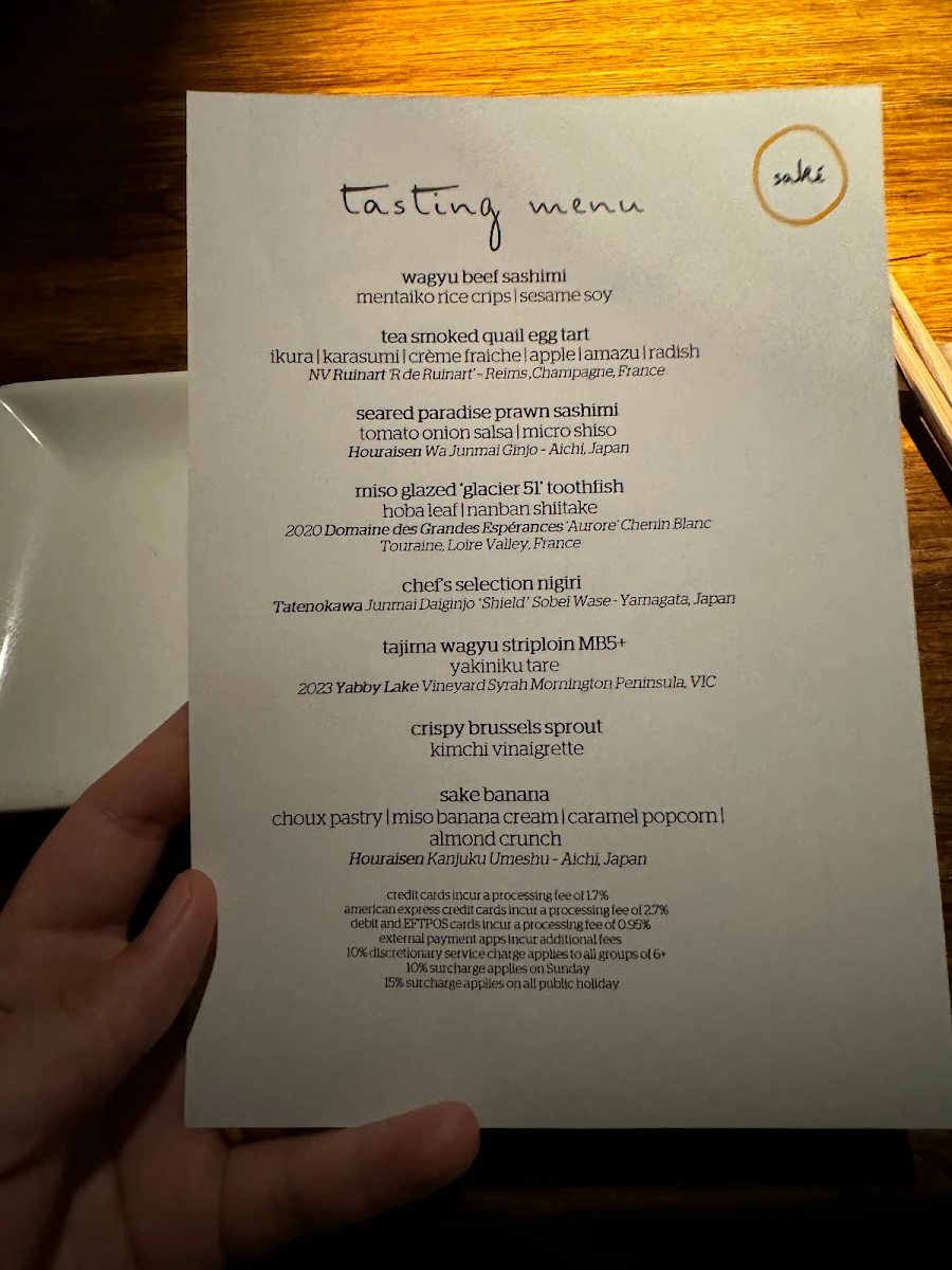 Menu, Saké Restaurant & Bar, The Rocks