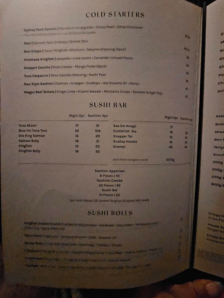 Menu, Saké Restaurant & Bar, The Rocks
