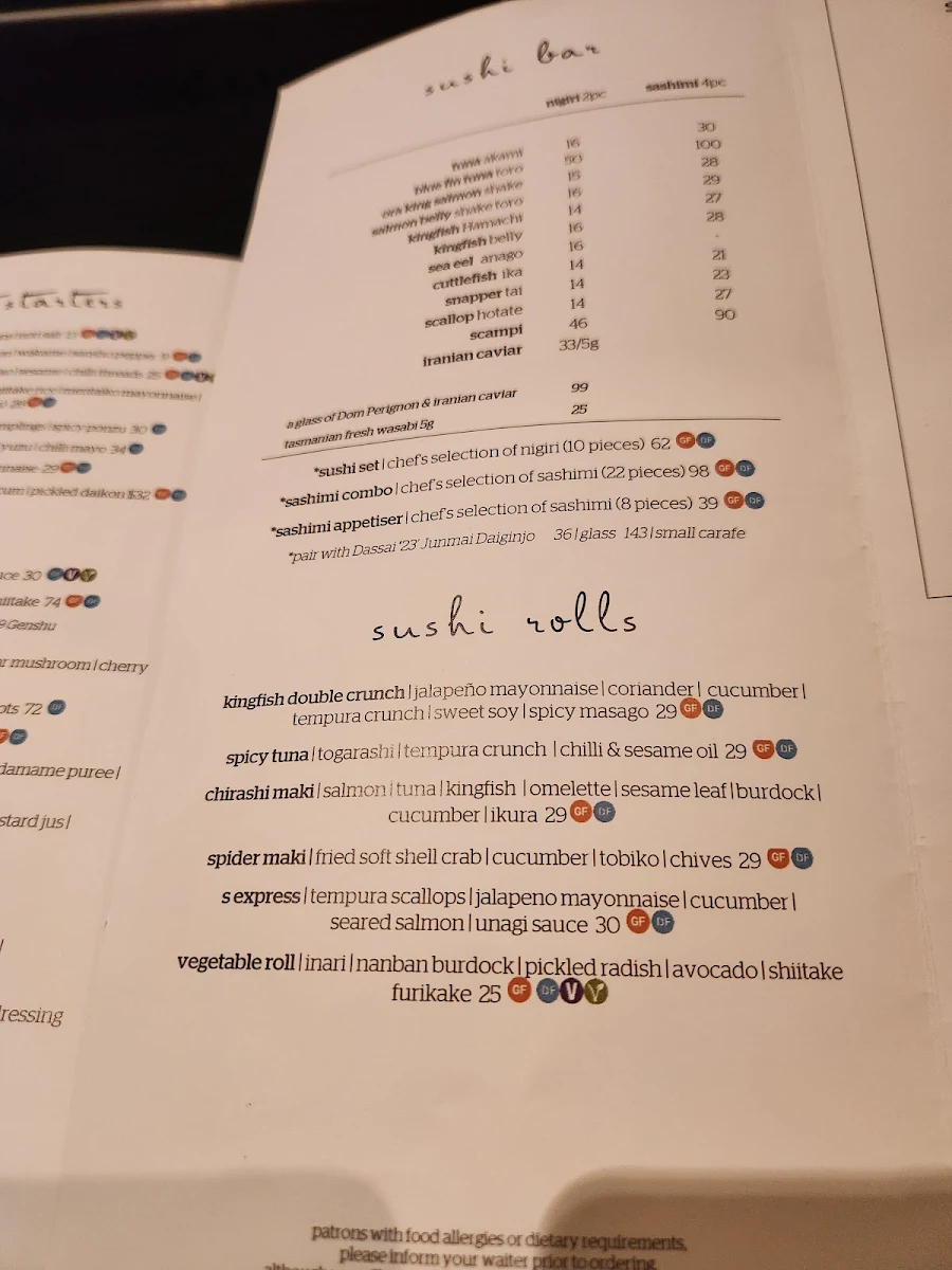 Menu, Saké Restaurant & Bar, The Rocks