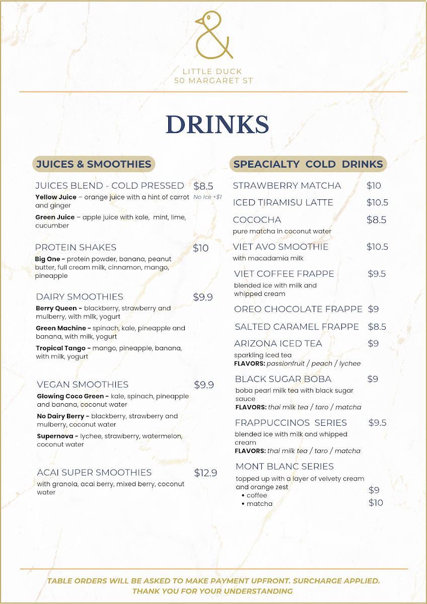 Menu, Little Duck 50 Margaret St