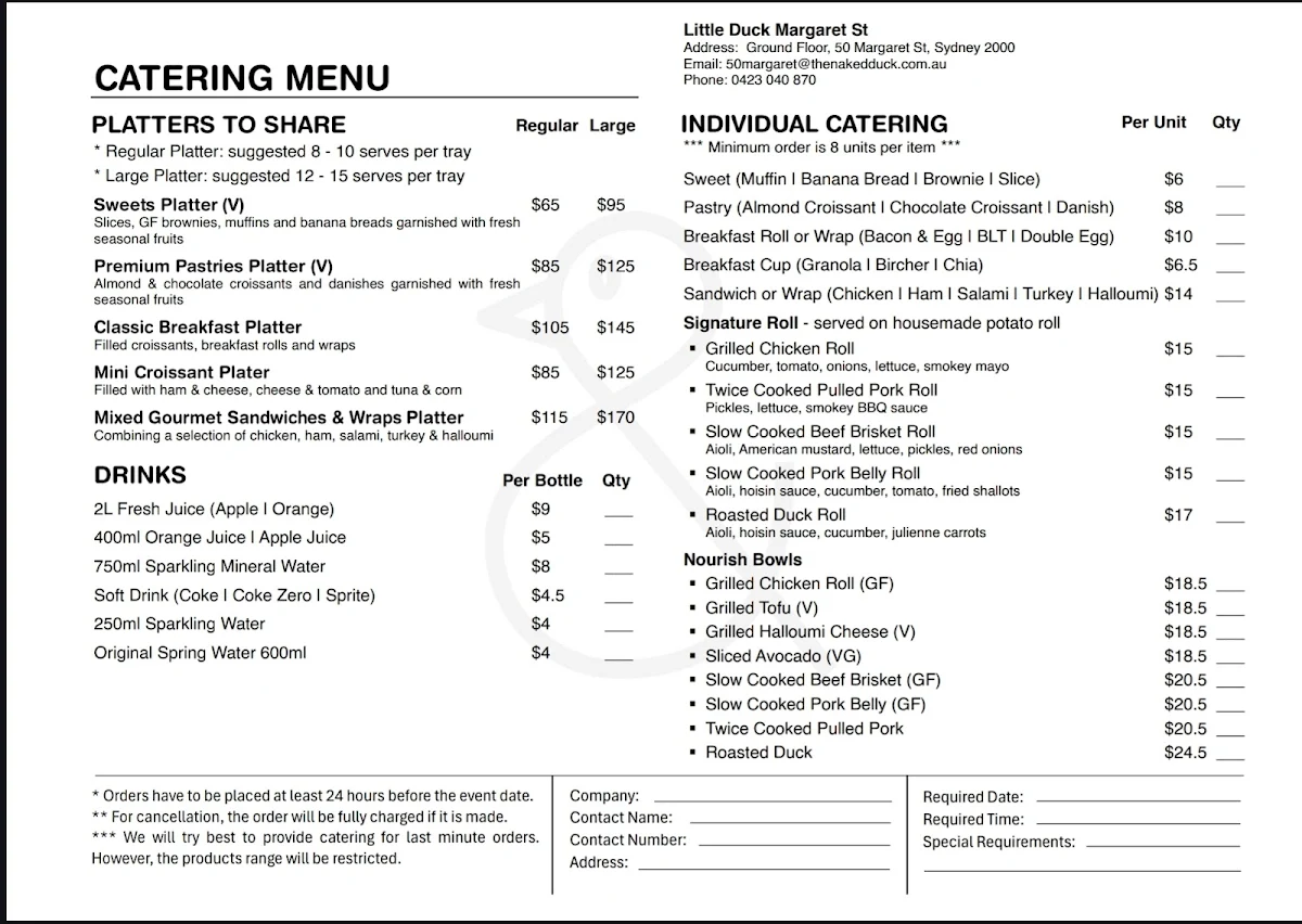 Menu, Little Duck 50 Margaret St