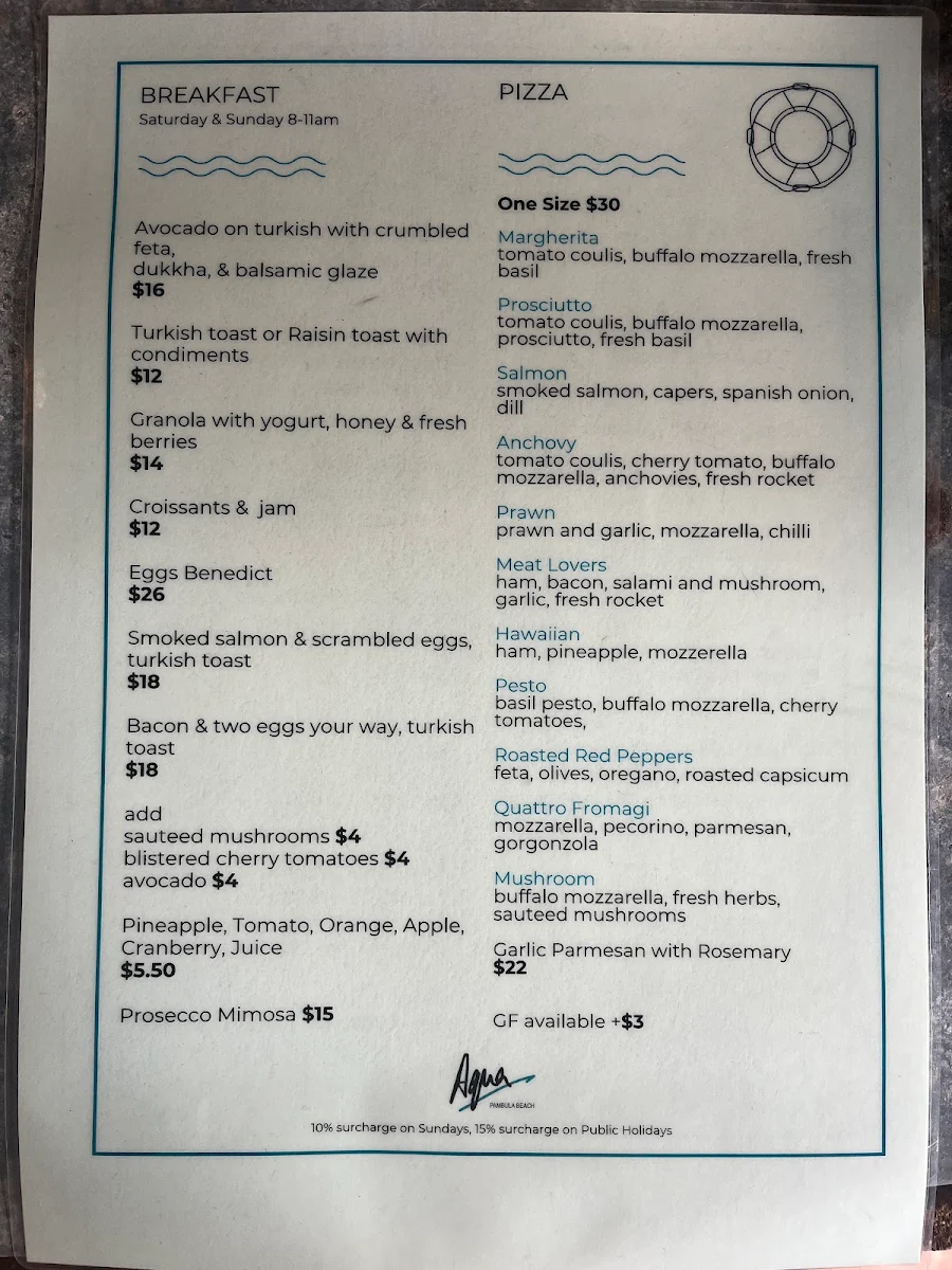 Menu, Aqua Pambula Beach