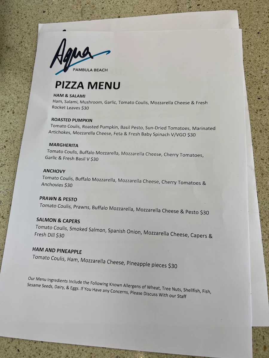 Menu, Aqua Pambula Beach