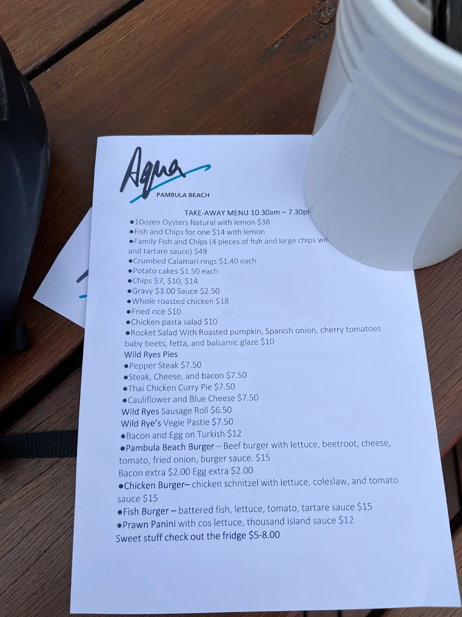 Menu, Aqua Pambula Beach