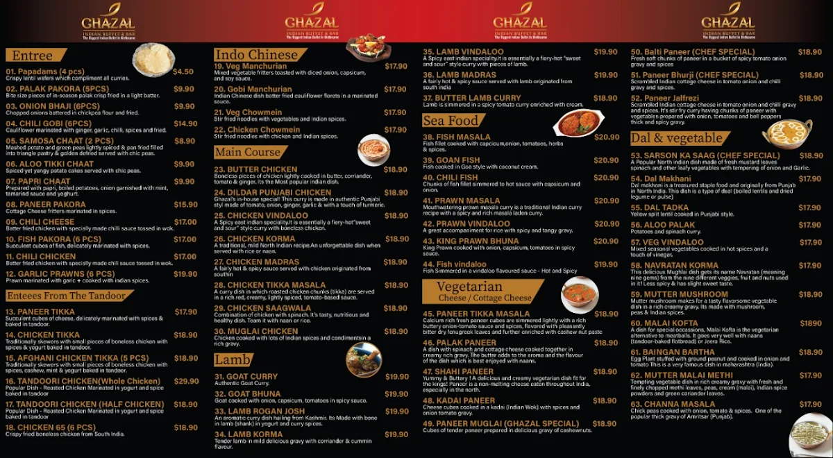 Menu, Ghazal Indian Restaurant – Buffet & Bar | Werribee