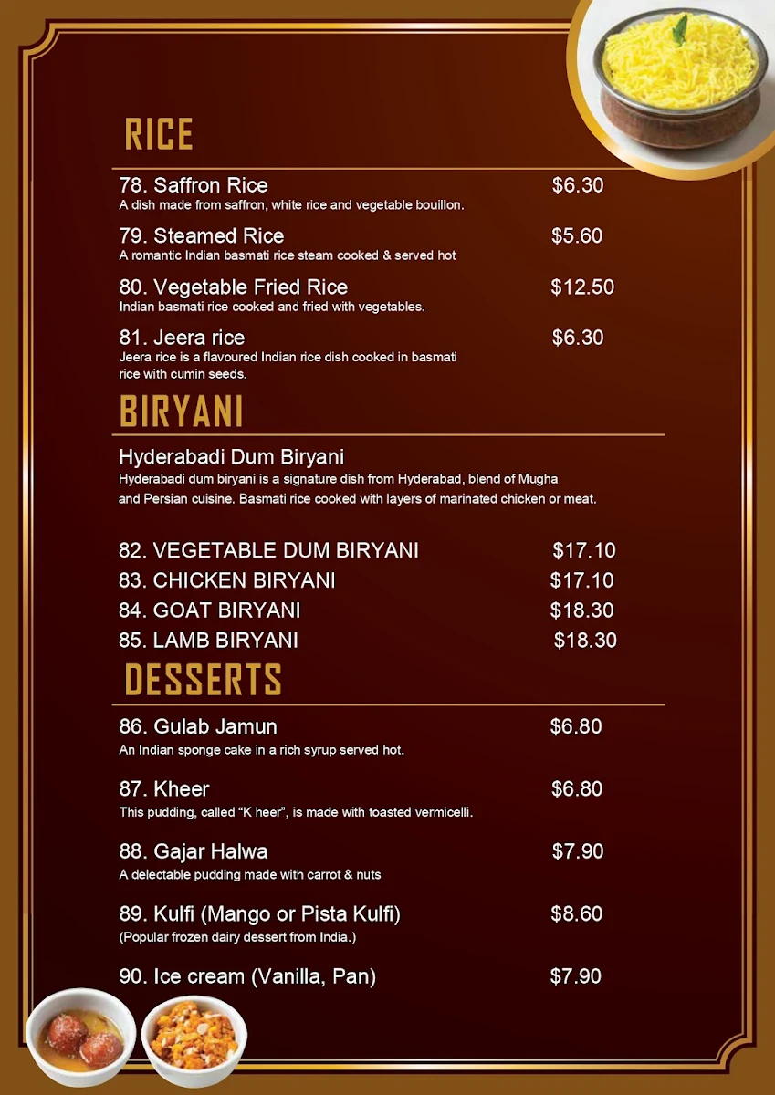 Menu, Ghazal Indian Restaurant – Buffet & Bar | Werribee