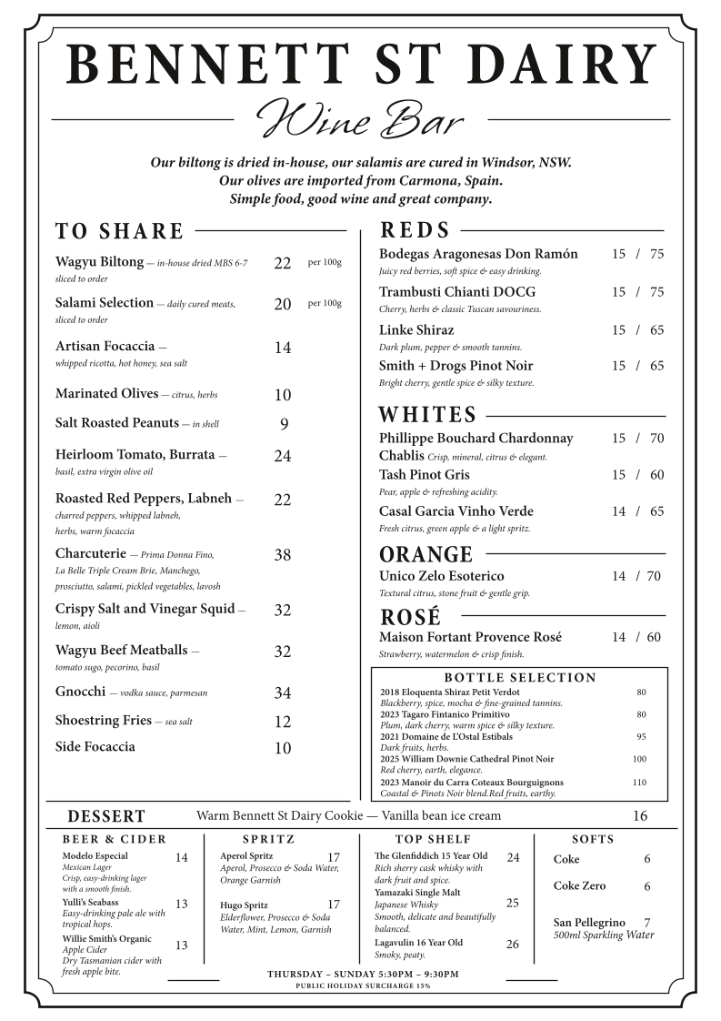 Menu, Bennett St Dairy