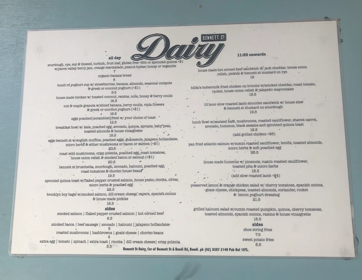 Menu, Bennett St Dairy