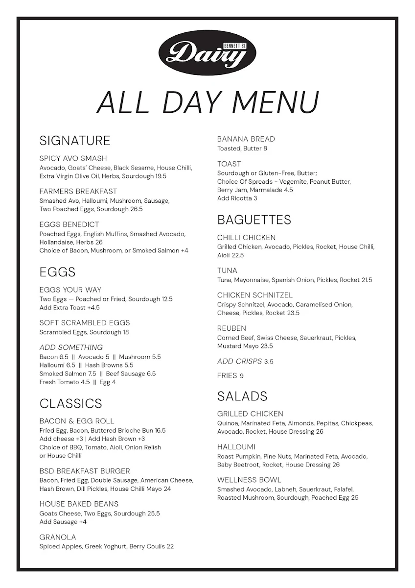 Menu, Bennett St Dairy
