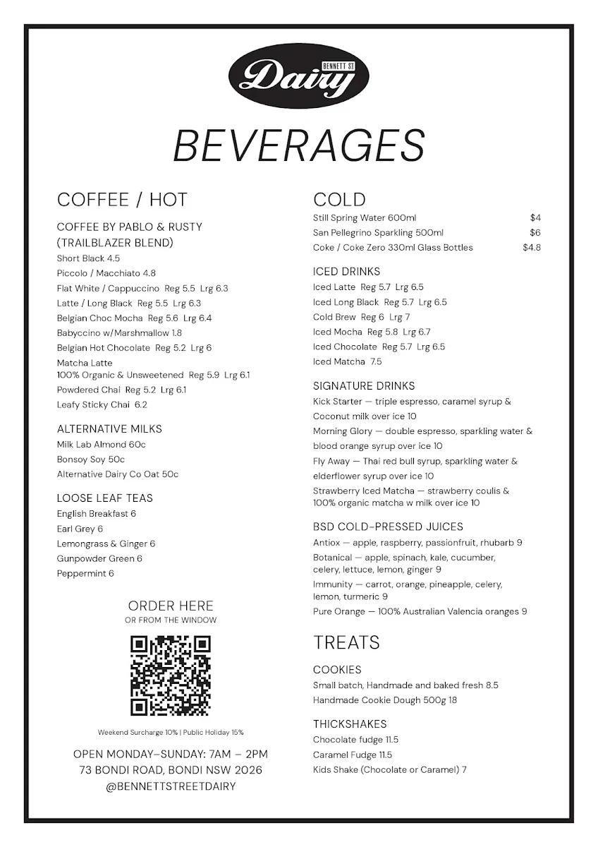 Menu, Bennett St Dairy
