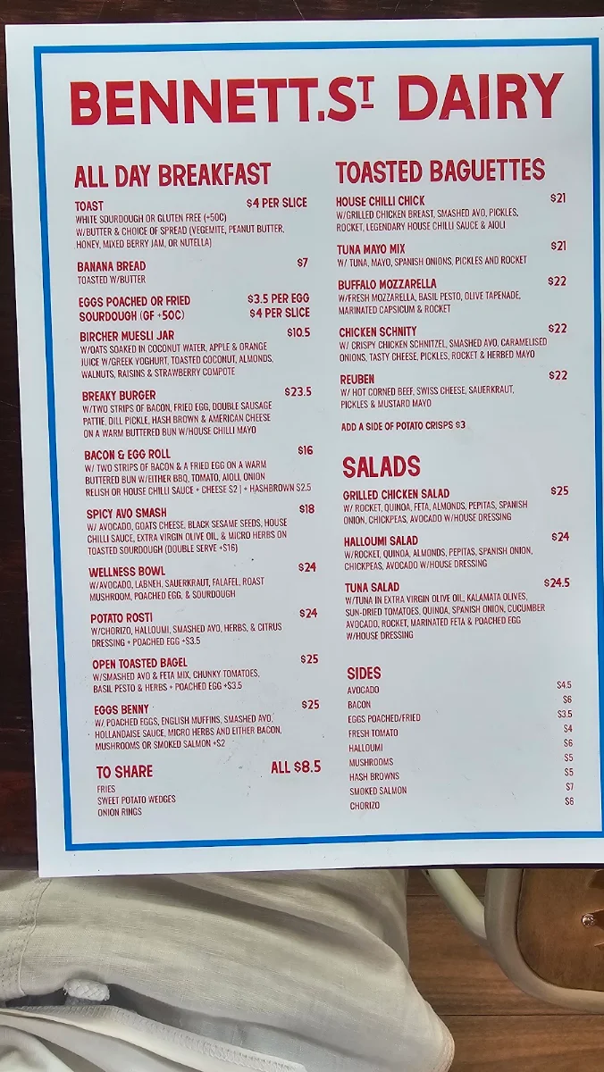 Menu, Bennett St Dairy