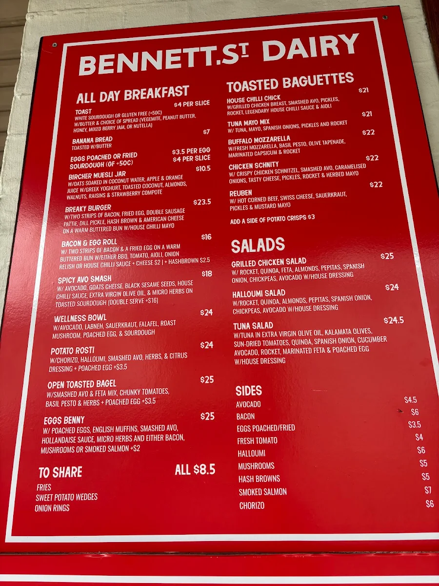 Menu, Bennett St Dairy