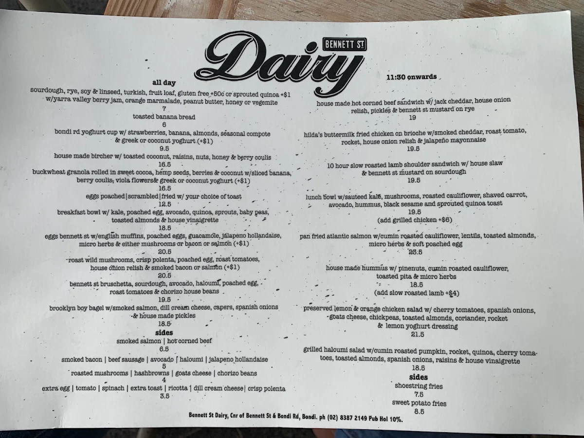 Menu, Bennett St Dairy
