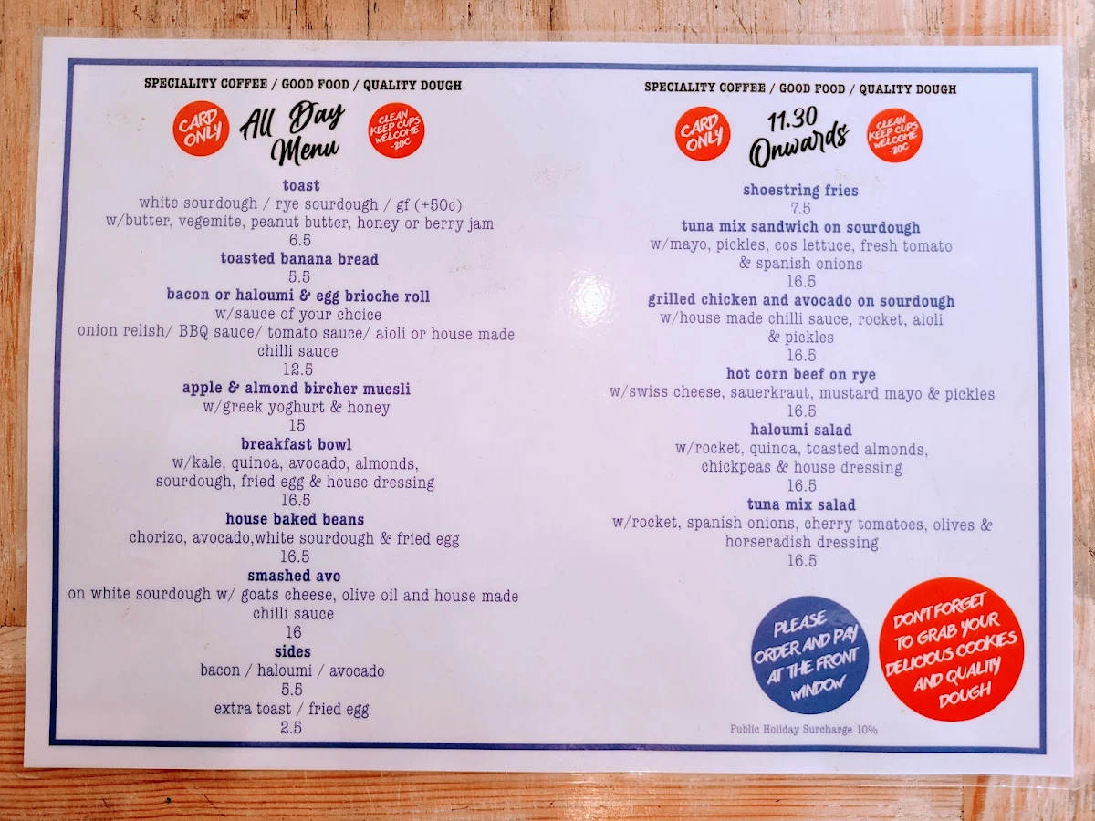 Menu, Bennett St Dairy