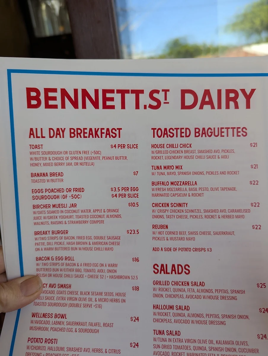 Menu, Bennett St Dairy