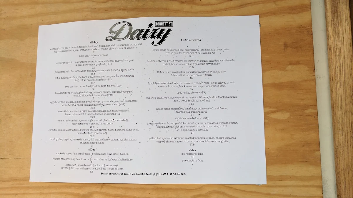 Menu, Bennett St Dairy