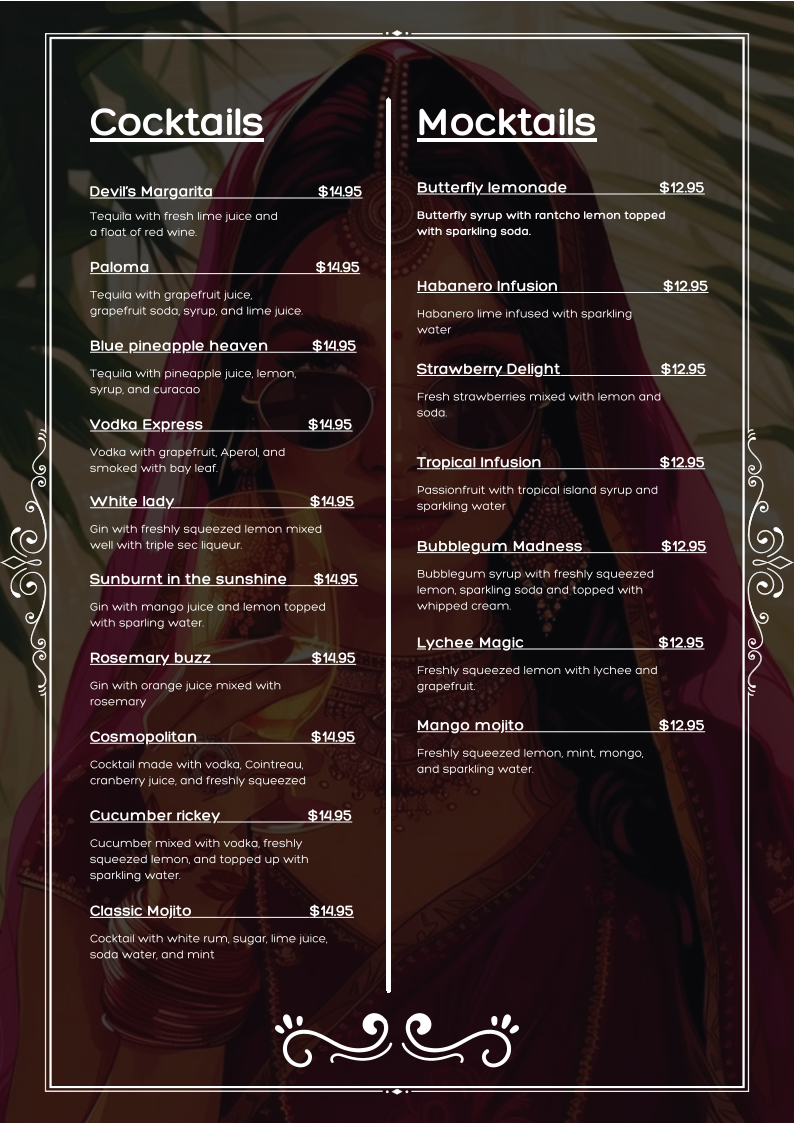 Menu, 3 Sister Indian Restaurant