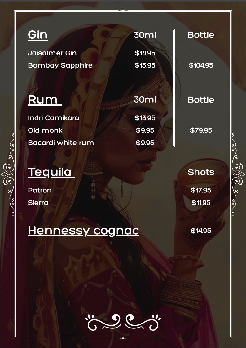 Menu, 3 Sister Indian Restaurant