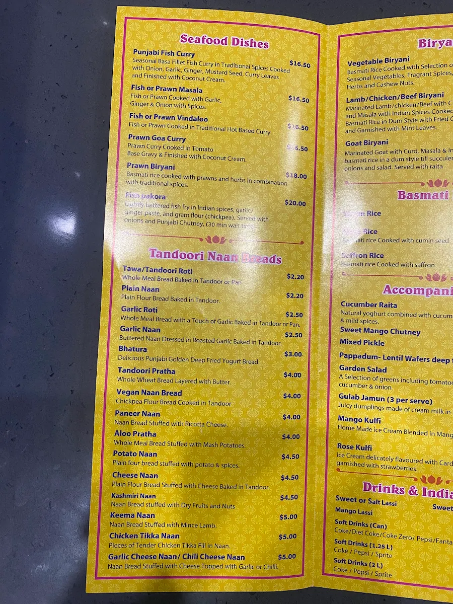 Menu, Punjabi Tadka Indian Cuisine