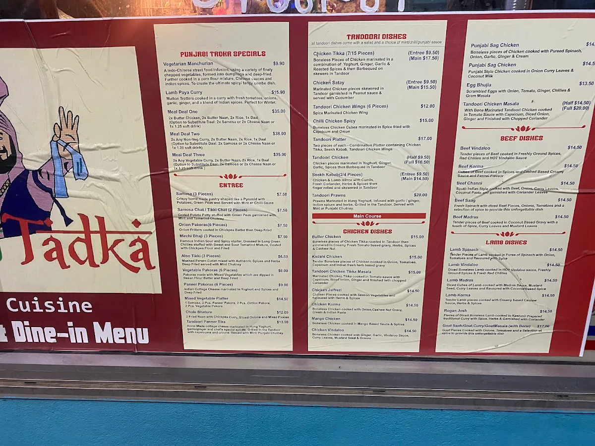 Menu, Punjabi Tadka Indian Cuisine