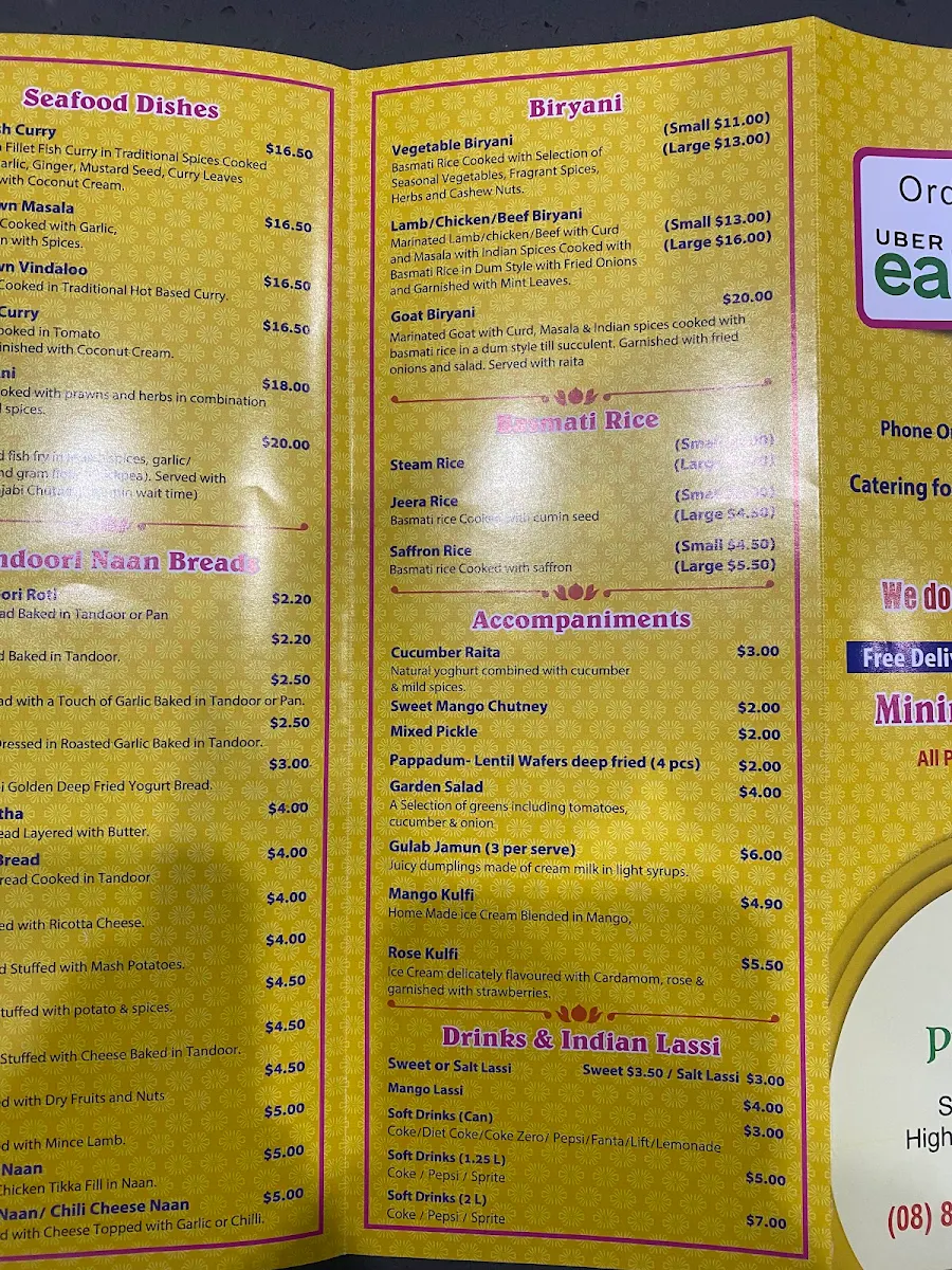 Menu, Punjabi Tadka Indian Cuisine