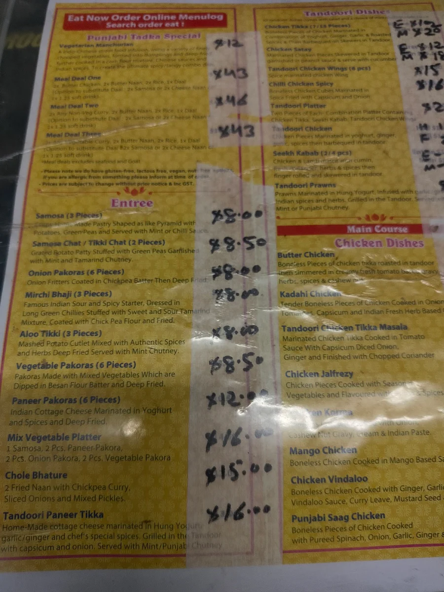 Menu, Punjabi Tadka Indian Cuisine