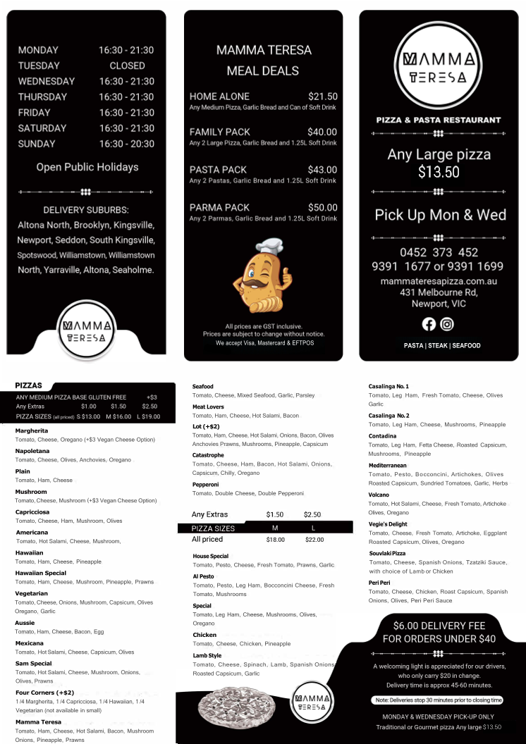 Menu, MAMMA TERESA PIZZA & PASTA RESTAURANT