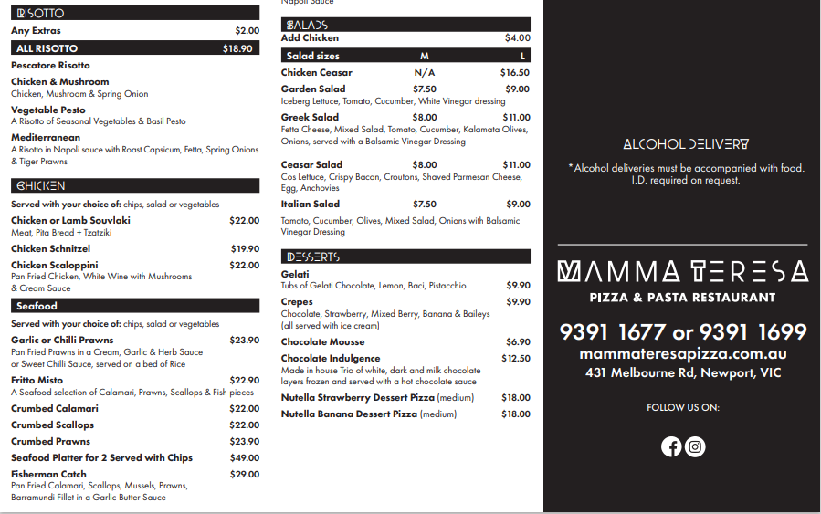 Menu, MAMMA TERESA PIZZA & PASTA RESTAURANT