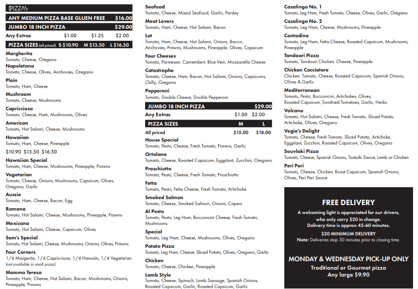 Menu, MAMMA TERESA PIZZA & PASTA RESTAURANT