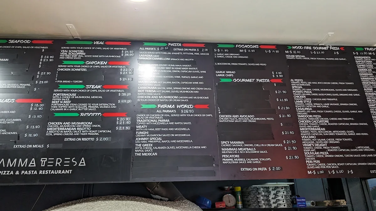 Menu, MAMMA TERESA PIZZA & PASTA RESTAURANT