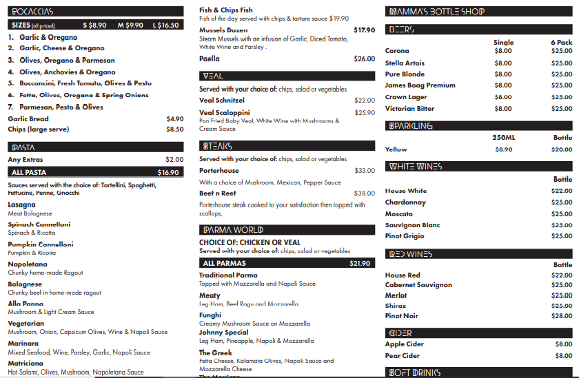 Menu, MAMMA TERESA PIZZA & PASTA RESTAURANT