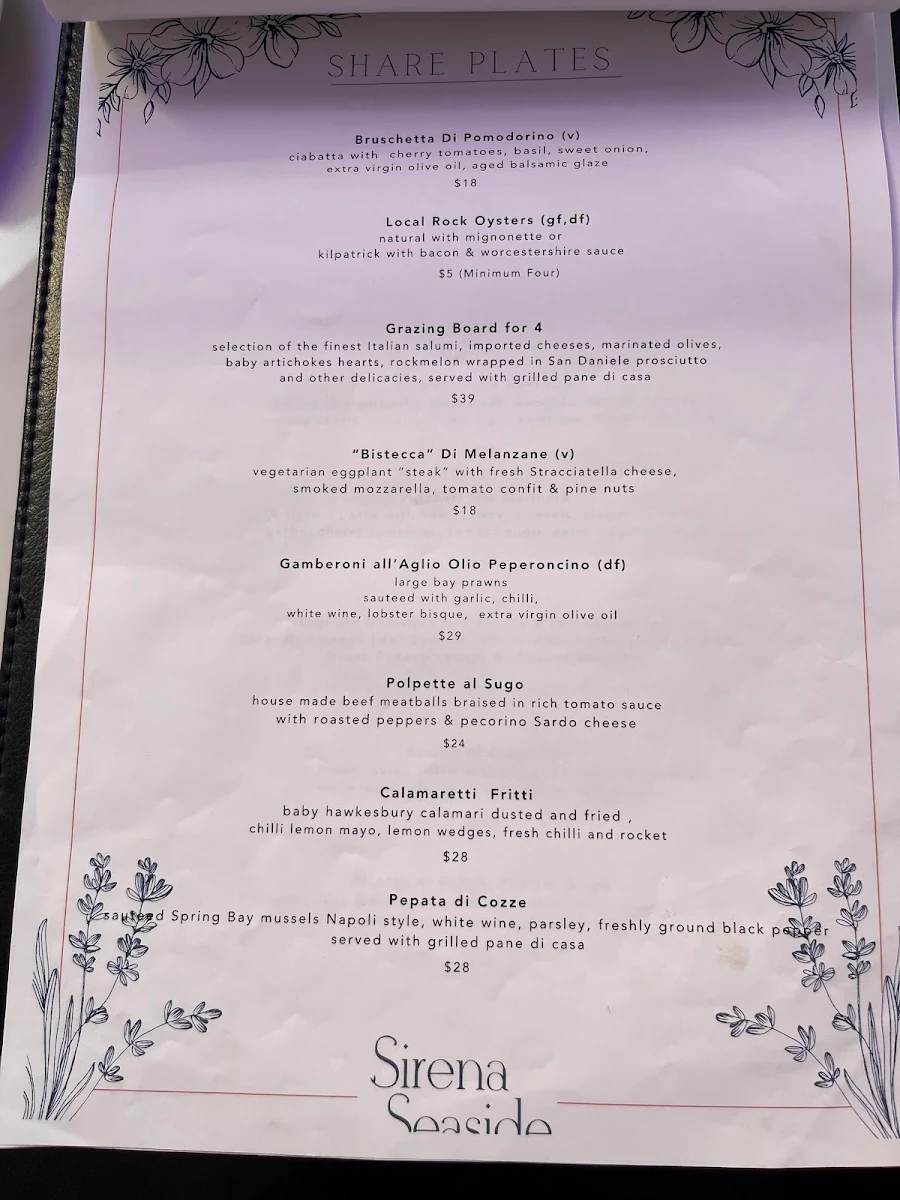 Menu, Sirena Seaside