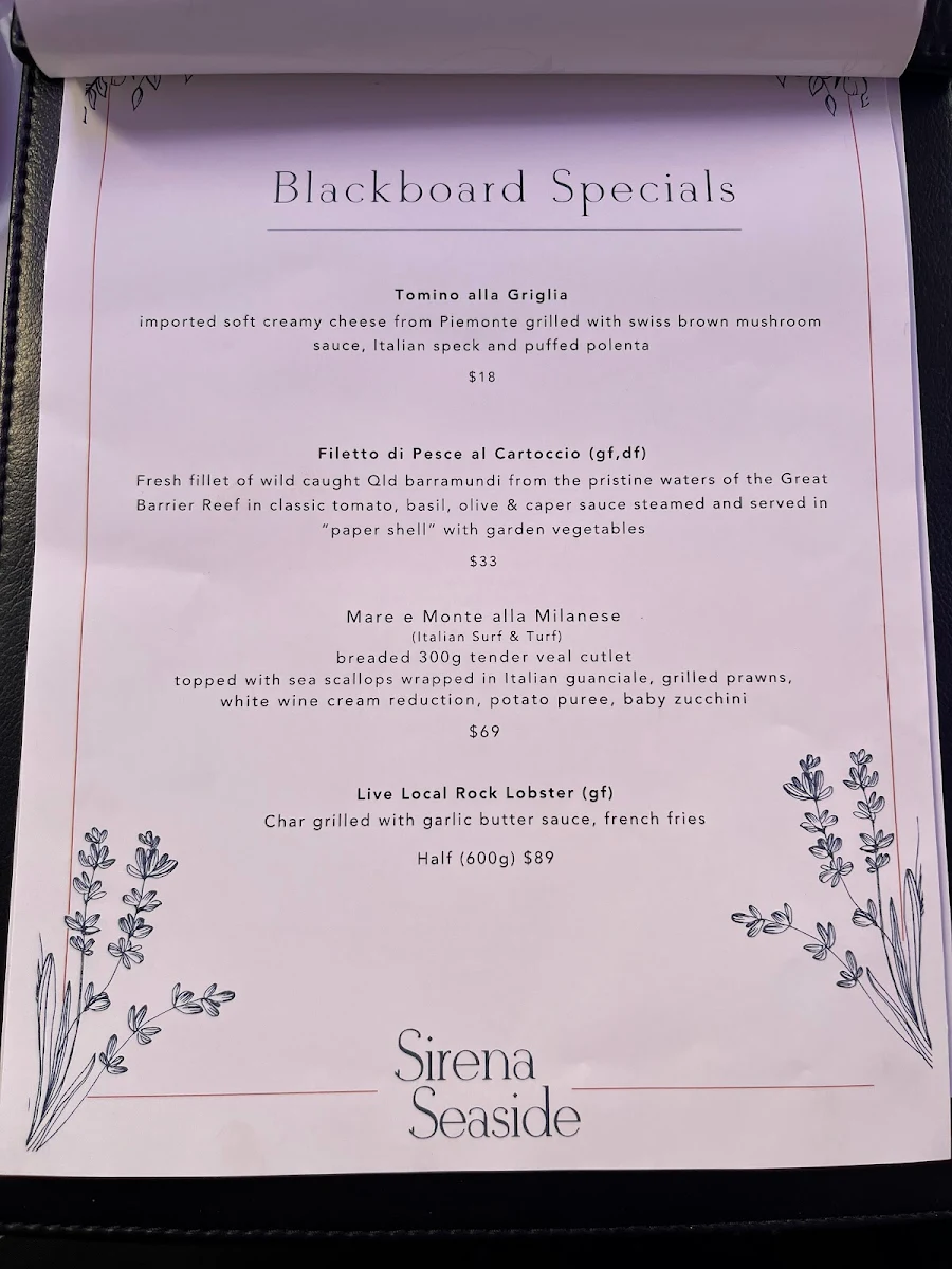 Menu, Sirena Seaside