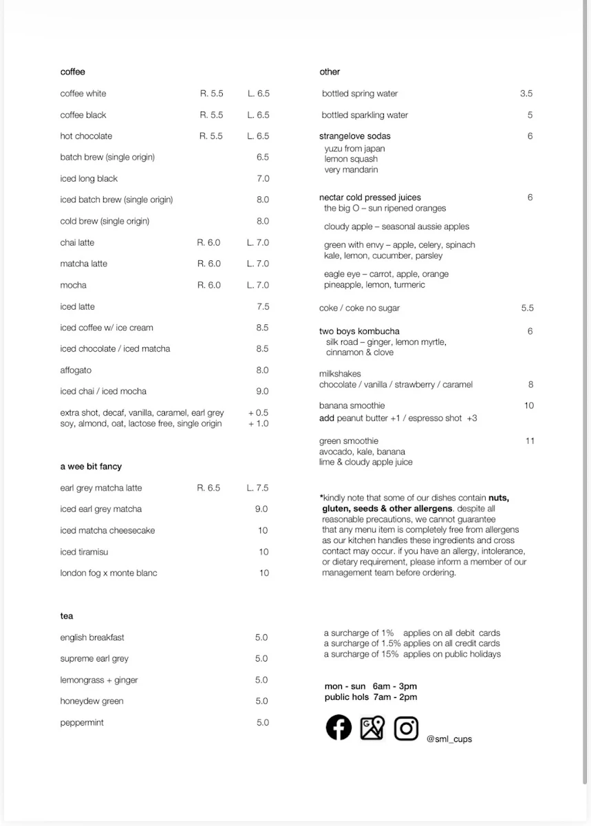 Menu, SML Cafe