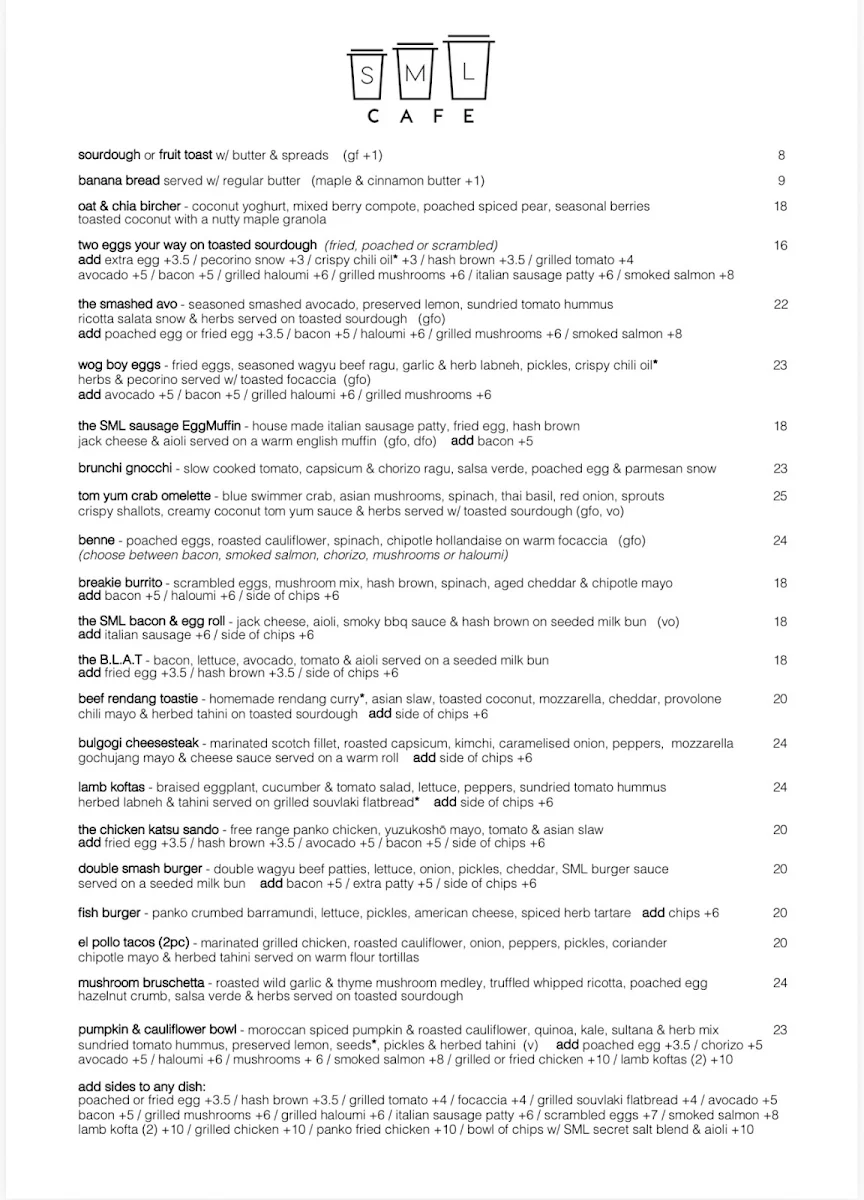 Menu, SML Cafe