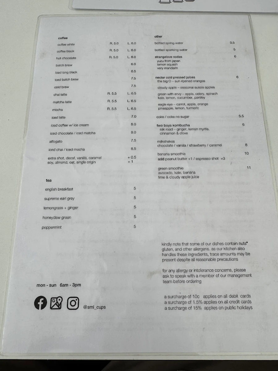 Menu, SML Cafe
