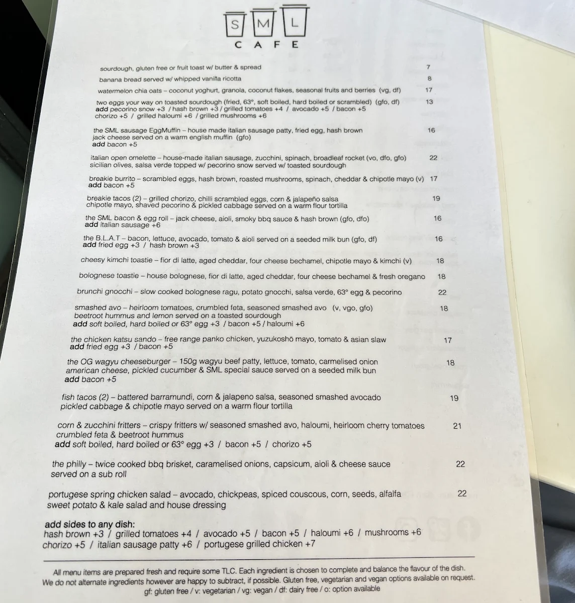 Menu, SML Cafe