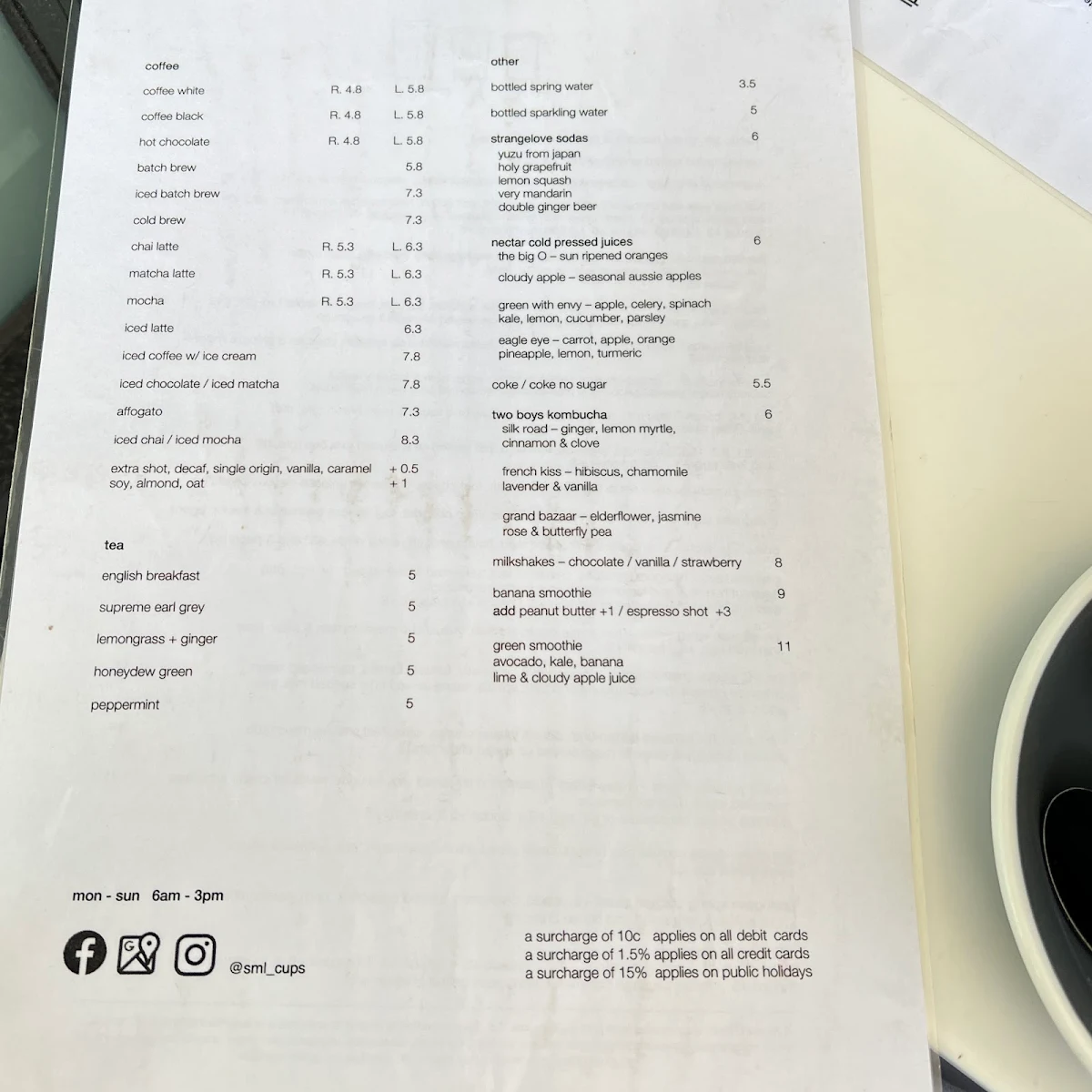 Menu, SML Cafe