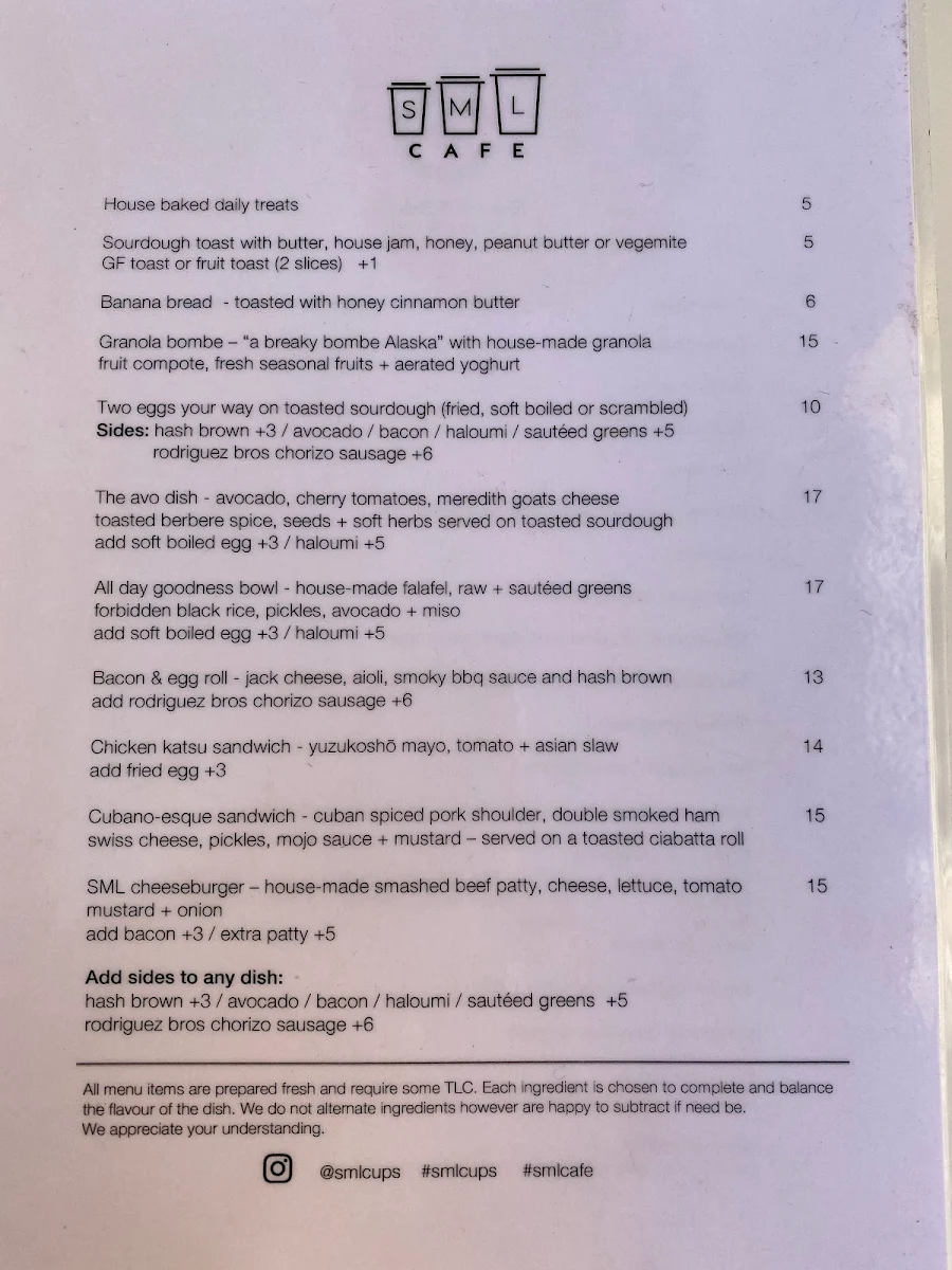 Menu, SML Cafe